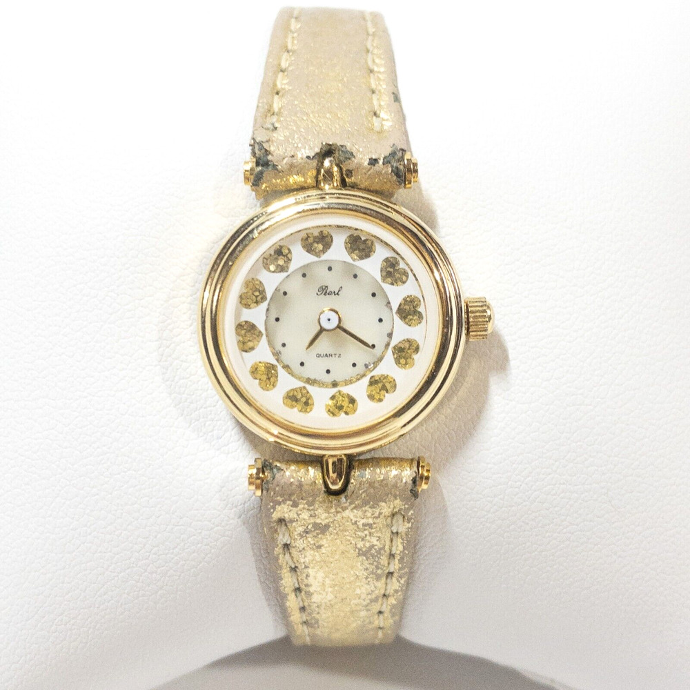 Vintage Heart Watch Pearl Quartz Gold Glitter Dial Not Working